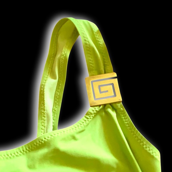 Versace Vintage Neon Lime Green Gold Greek Key Logo One Shoulder Mini Dress - Picture 3 of 11